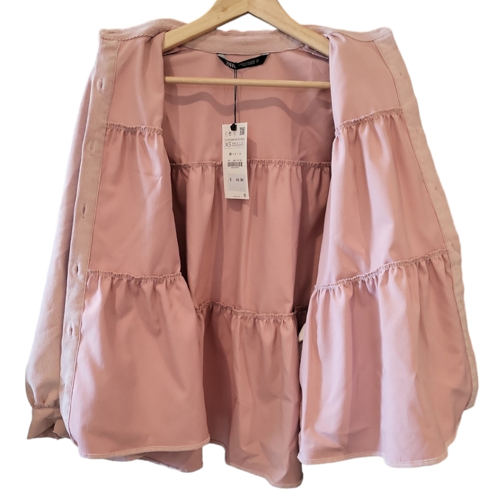 Zara Pink Ruffle Flowy XS Jacket NWT full button up boho Spring winter fall - Picture 3 of 10